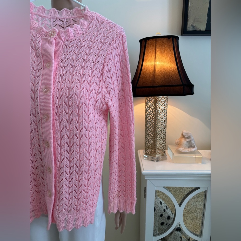 Pink Handmade Pointelle Knit Button-Up Sweater Cardigan - Picture 5 of 10